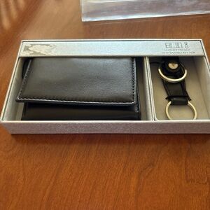 Black Leather Trifold Wallet with Key Fob - Men Accessories